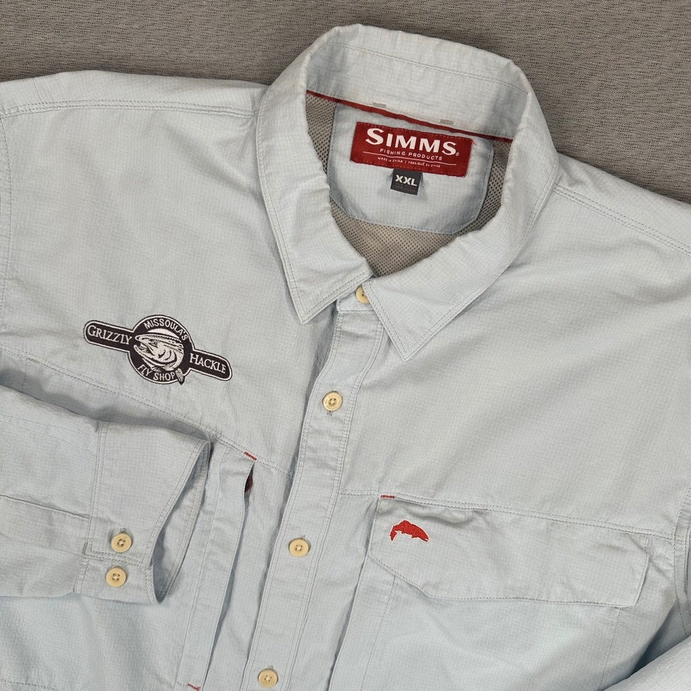 Simms Fishing Shirt Mens XXL Blue Grizzly Hackle Fly Shop Ventilated Long Sleeve